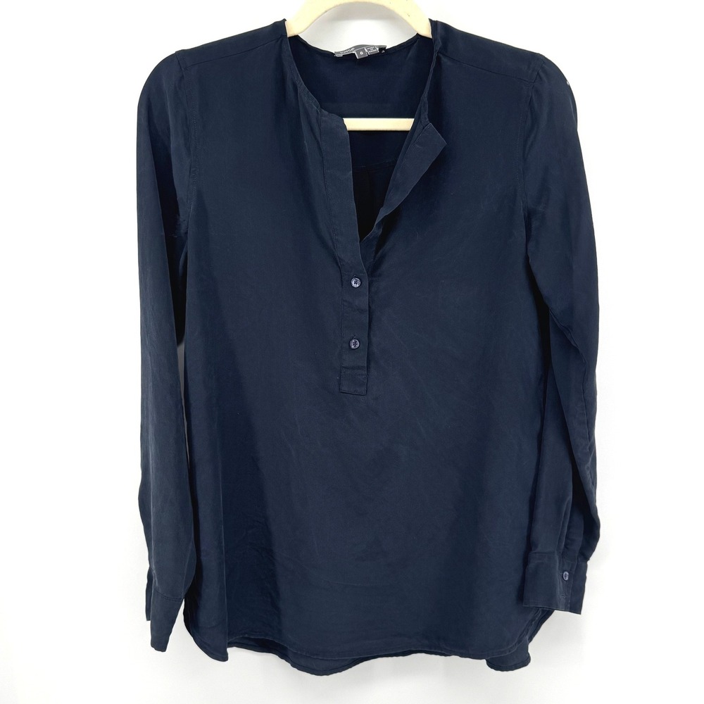 Vince Silk Henley Blouse Women 6 Navy Blue Long Sleeve Career Chic Professional